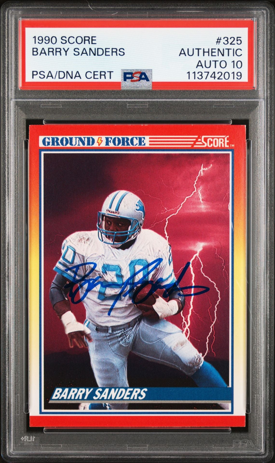 Barry Sanders 1990 Score Ground Force Signed Card #325 Auto Graded PSA 10 742019-Powers Sports Memorabilia