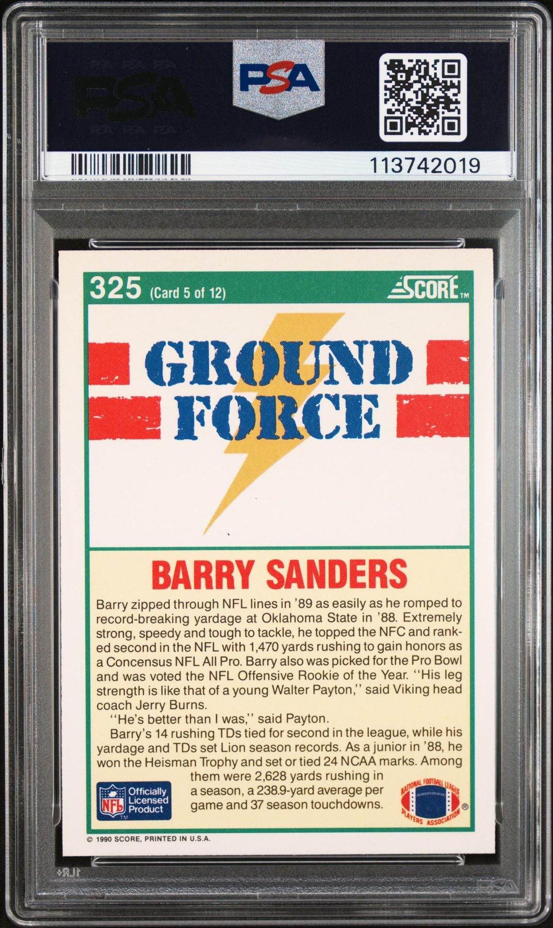 Barry Sanders 1990 Score Ground Force Signed Card #325 Auto Graded PSA 10 742019-Powers Sports Memorabilia