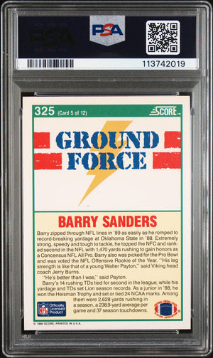 Barry Sanders 1990 Score Ground Force Signed Card #325 Auto Graded PSA 10 742019-Powers Sports Memorabilia