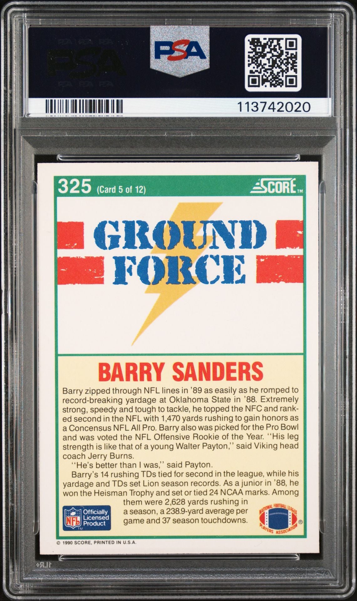 Barry Sanders 1990 Score Ground Force Signed Card #325 Auto Graded PSA 10 742020-Powers Sports Memorabilia