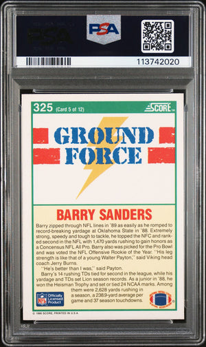 Barry Sanders 1990 Score Ground Force Signed Card #325 Auto Graded PSA 10 742020-Powers Sports Memorabilia
