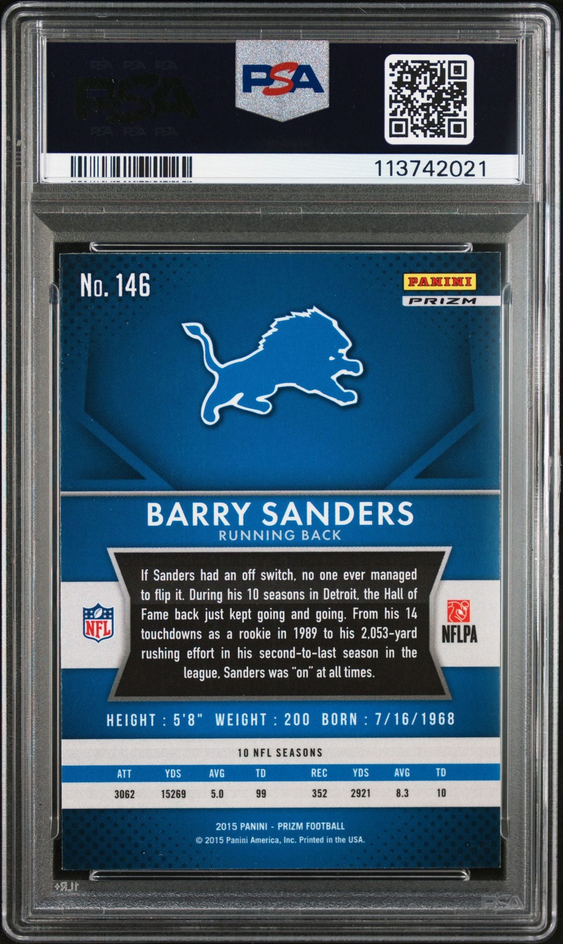 Barry Sanders 2015 Panini Prizm Blue Signed Card #146 Auto Graded PSA 10 3742021-Powers Sports Memorabilia