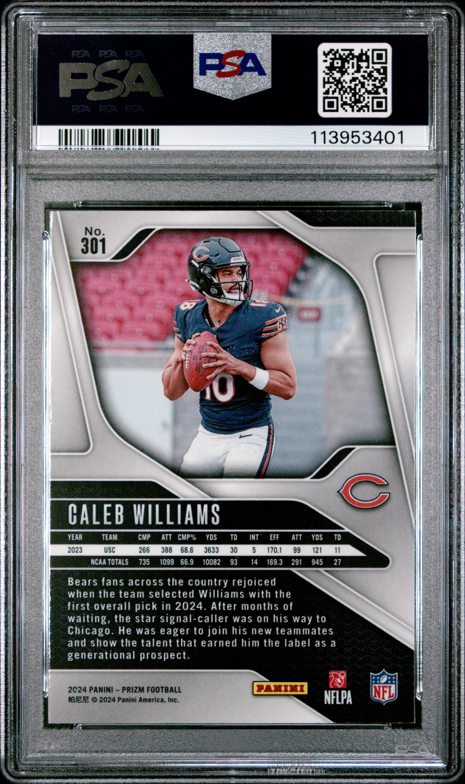 Caleb Williams 2024 Prizm Rookie Football Card #301 Graded PSA 10 Cert #113953401-Powers Sports Memorabilia