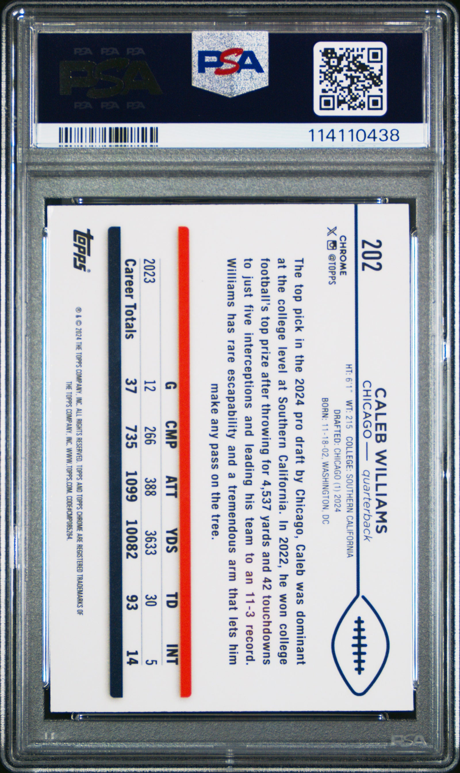 Caleb Williams 2024 Topps Chrome Football Rookie Card #202 Graded PSA 10 Cert # 114110438-Powers Sports Memorabilia