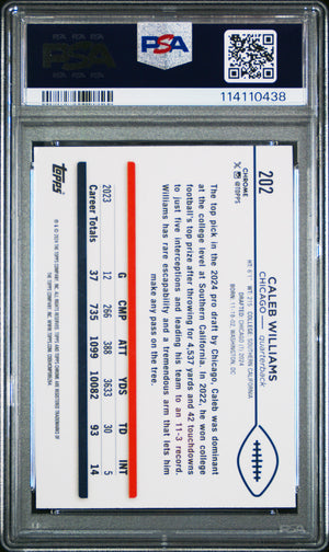 Caleb Williams 2024 Topps Chrome Football Rookie Card #202 Graded PSA 10 Cert # 114110438-Powers Sports Memorabilia