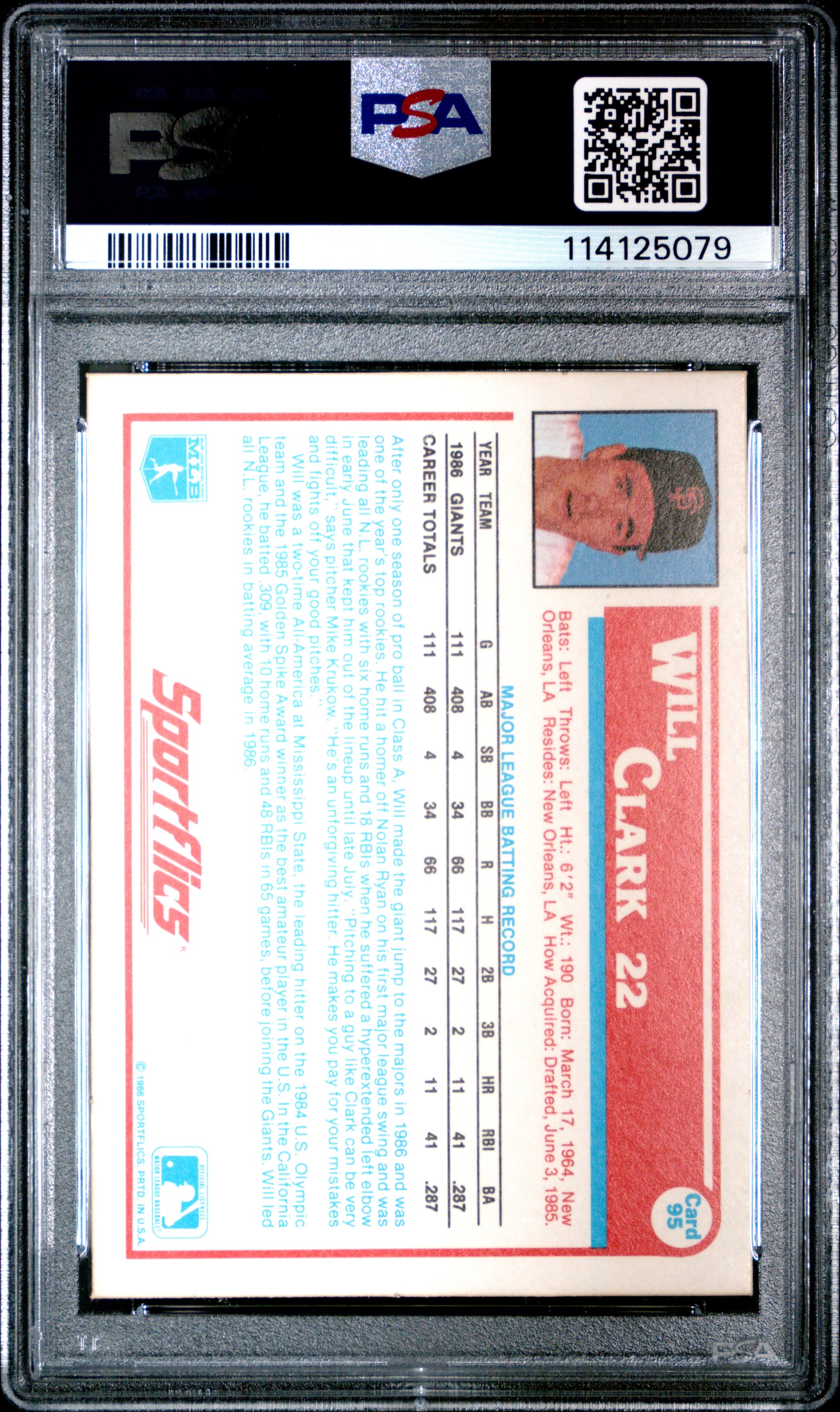 Will Clark 1987 Sportflics 1986 Baseball Rookie Card #95 Graded PSA 10-Powers Sports Memorabilia