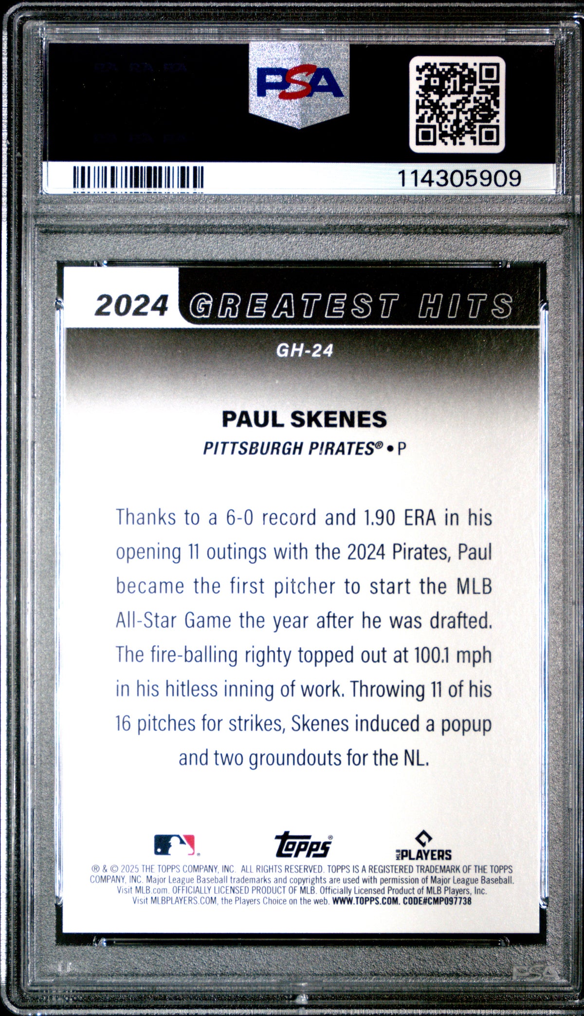 Paul Skenes 2025 Topps Greatest Hits Lowest ERA Baseball Card #GH24 Graded PSA 10 Cert #114305909-Powers Sports Memorabilia