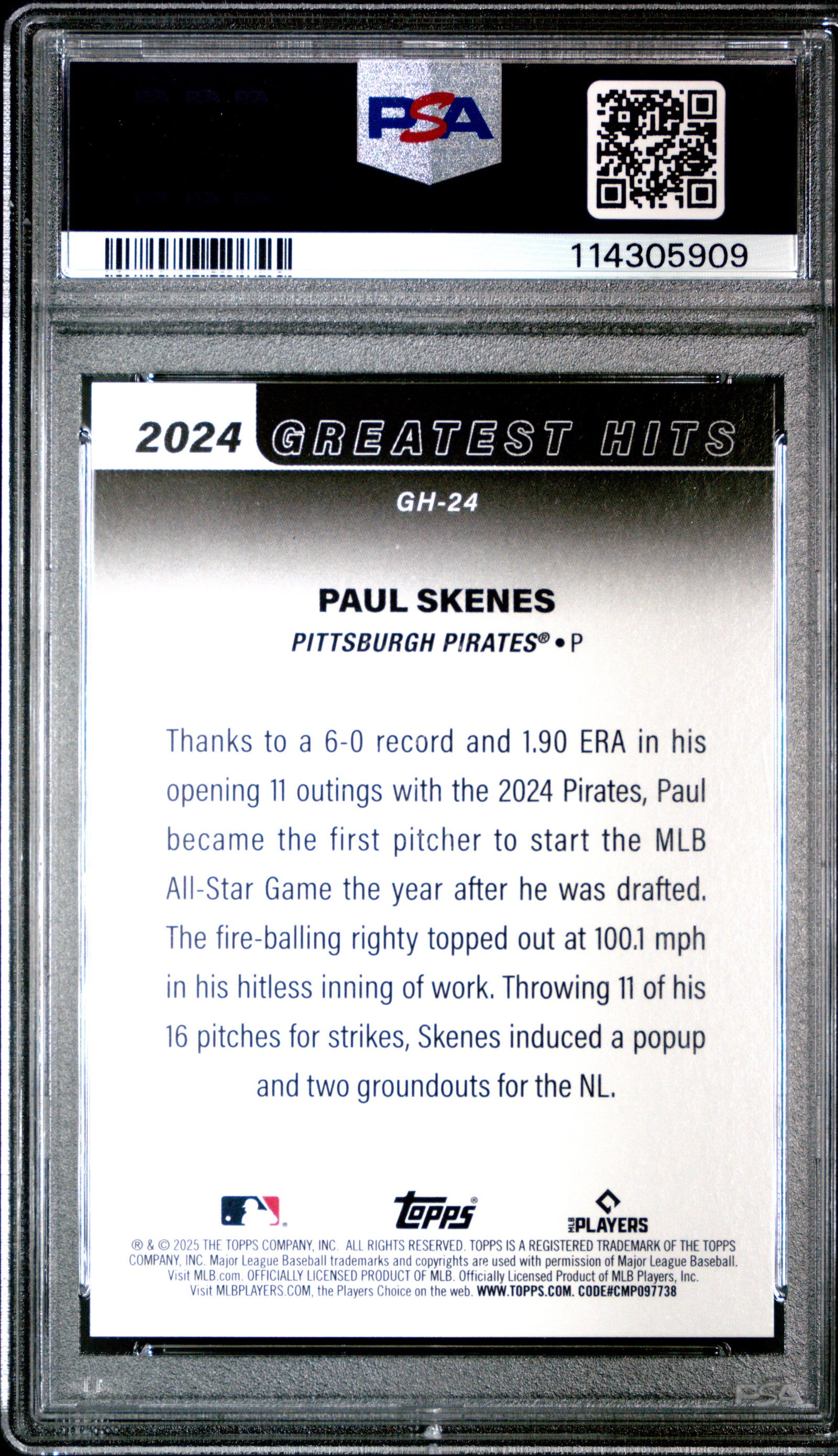 Paul Skenes 2025 Topps Greatest Hits Lowest ERA Baseball Card #GH24 Graded PSA 10 Cert #114305909-Powers Sports Memorabilia