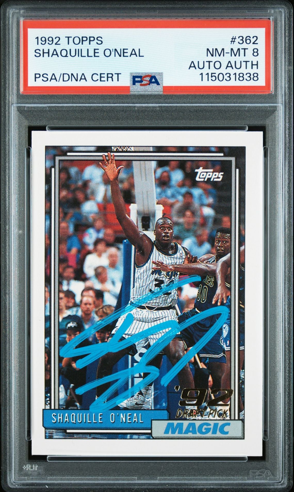 Shaquille O&#39;Neal 1992 Topps Signed Basketball Rookie Card #362 Graded PSA 8 Auto 115031838-Powers Sports Memorabilia