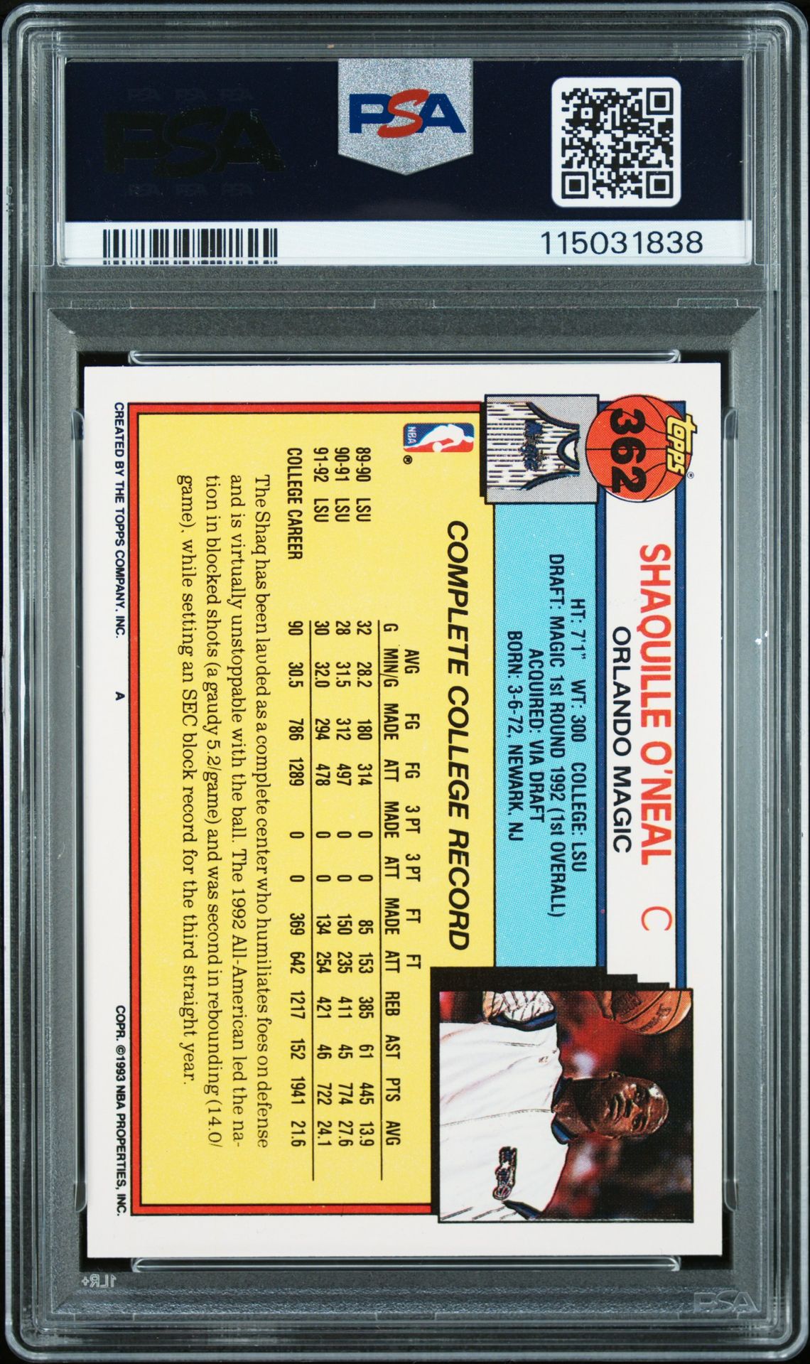 Shaquille O&#39;Neal 1992 Topps Signed Basketball Rookie Card #362 Graded PSA 8 Auto 115031838-Powers Sports Memorabilia