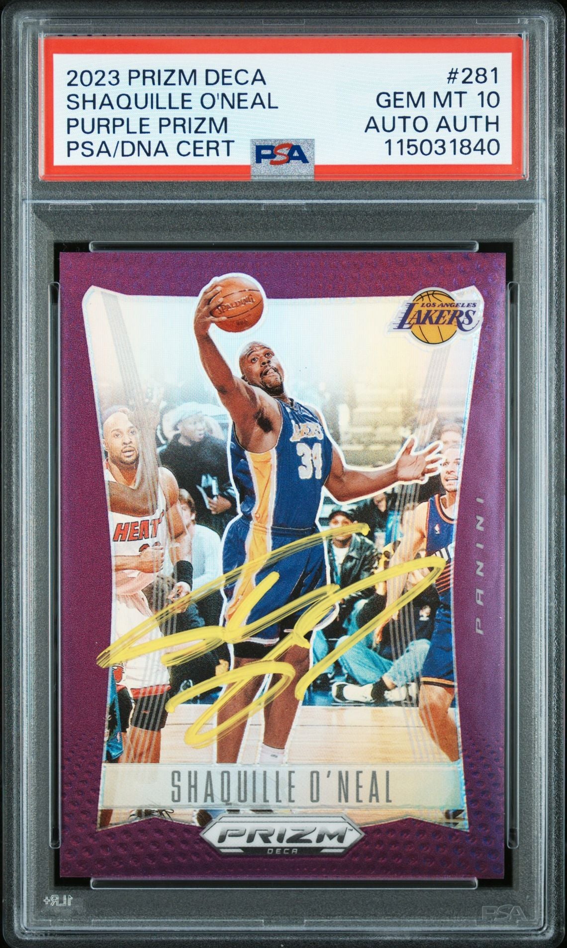 Shaquille O&#39;Neal 2023 Panini Prizm Deca Purple Signed Basketball Card #281 Graded PSA 10 Auto 115031840 77/99-Powers Sports Memorabilia