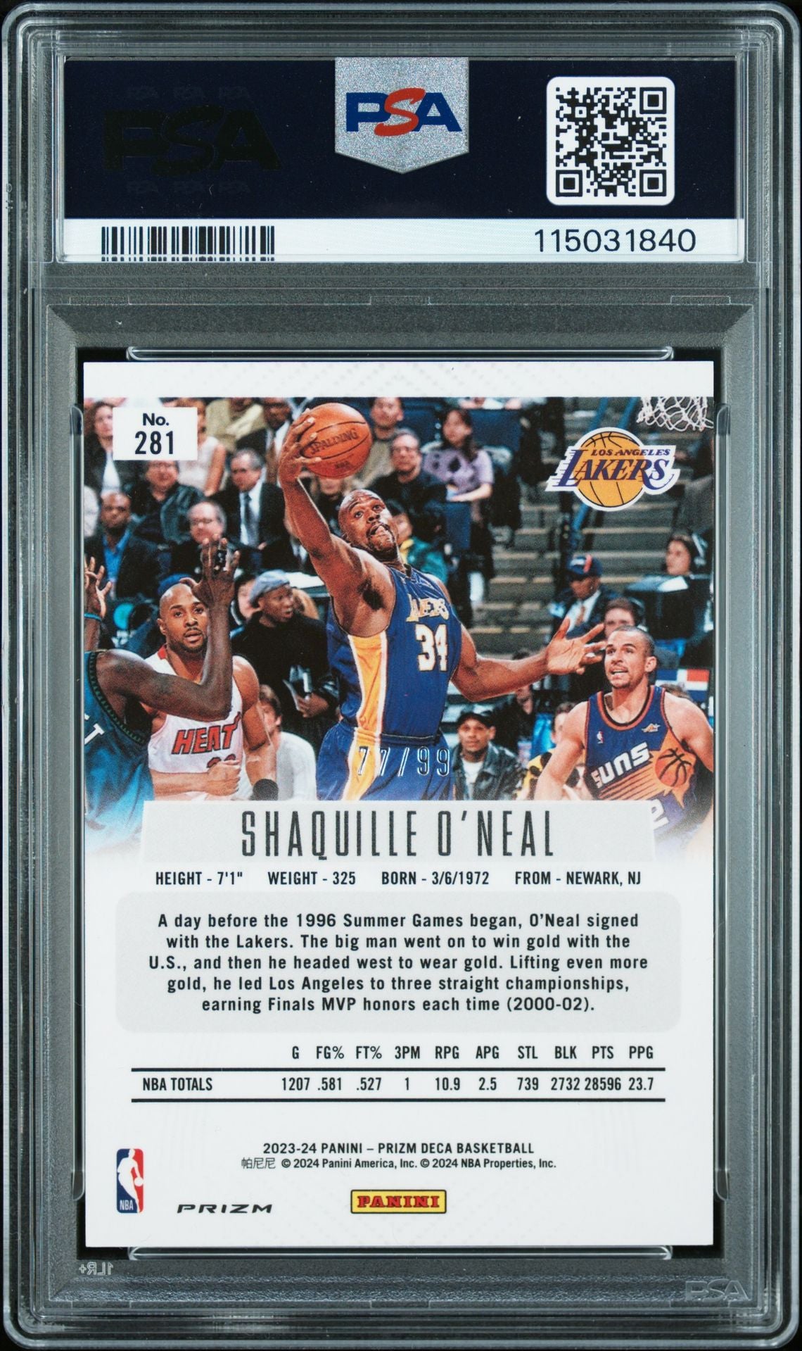 Shaquille O'Neal 2023 Panini Prizm Deca Purple Signed Basketball Card #281 Graded PSA 10 Auto 115031840 77/99-Powers Sports Memorabilia