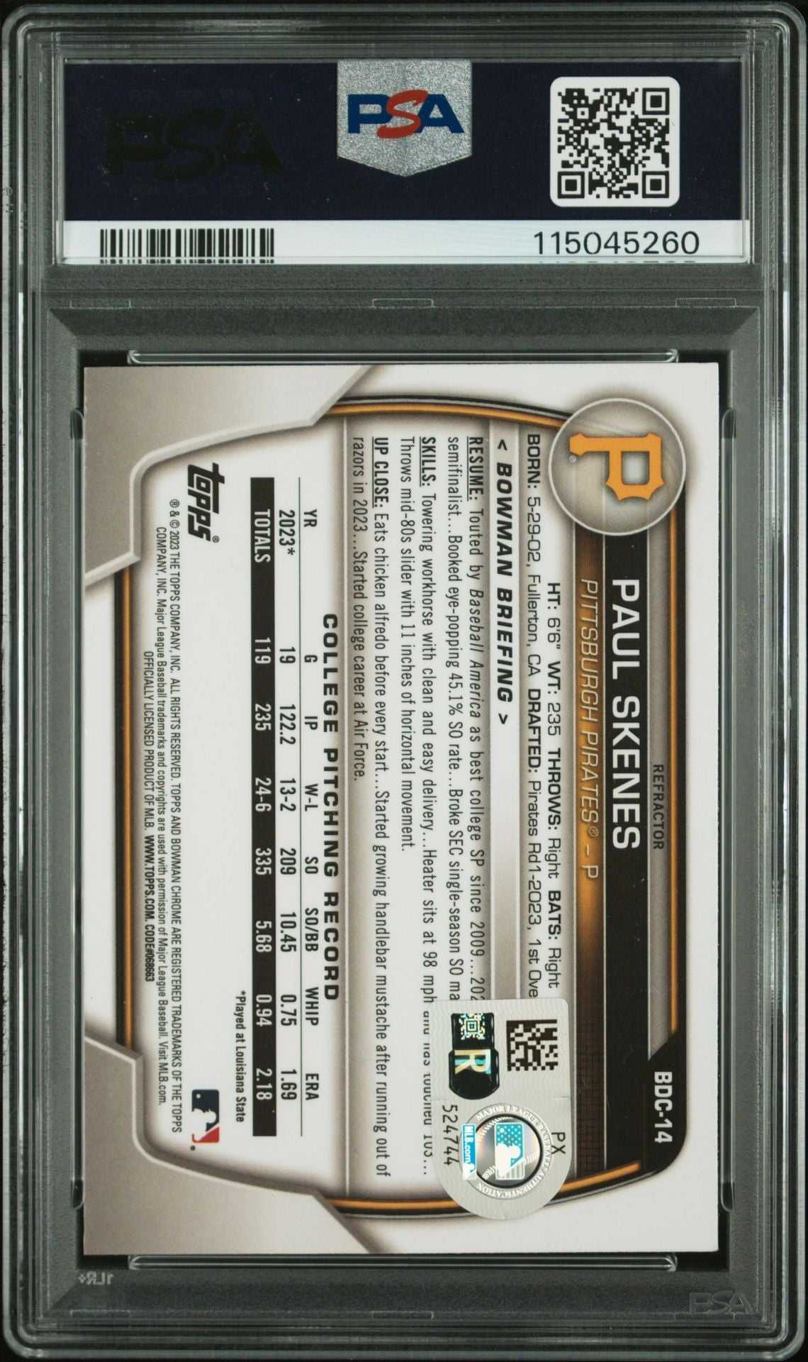 Paul Skenes 2023 Bowman Draft Chrome Refractor 24 NL ROY Signed Rookie Card #BDC14 Graded PSA 8 Auto 8 115045260