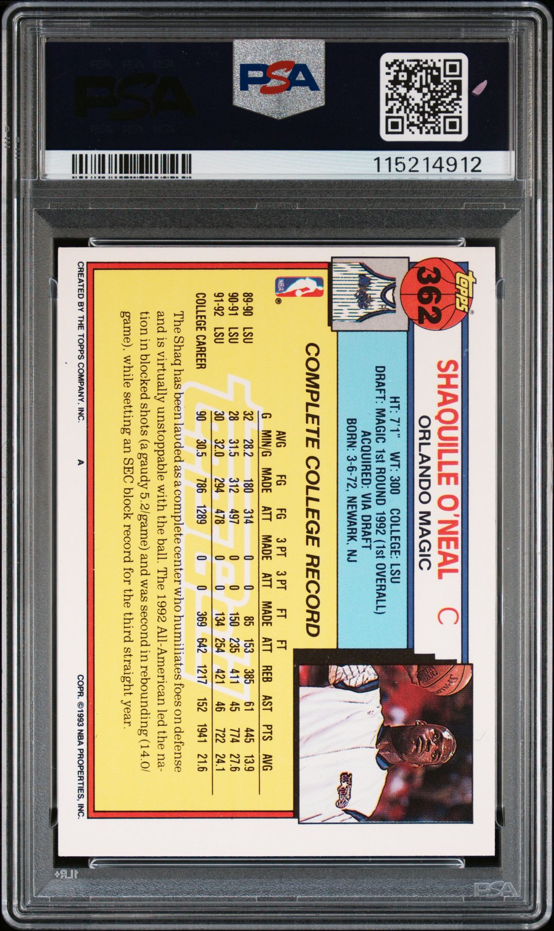 Shaquille O'Neal 1992 Topps Gold Signed Basketball Rookie Card #362 Auto PSA 115214912-Powers Sports Memorabilia