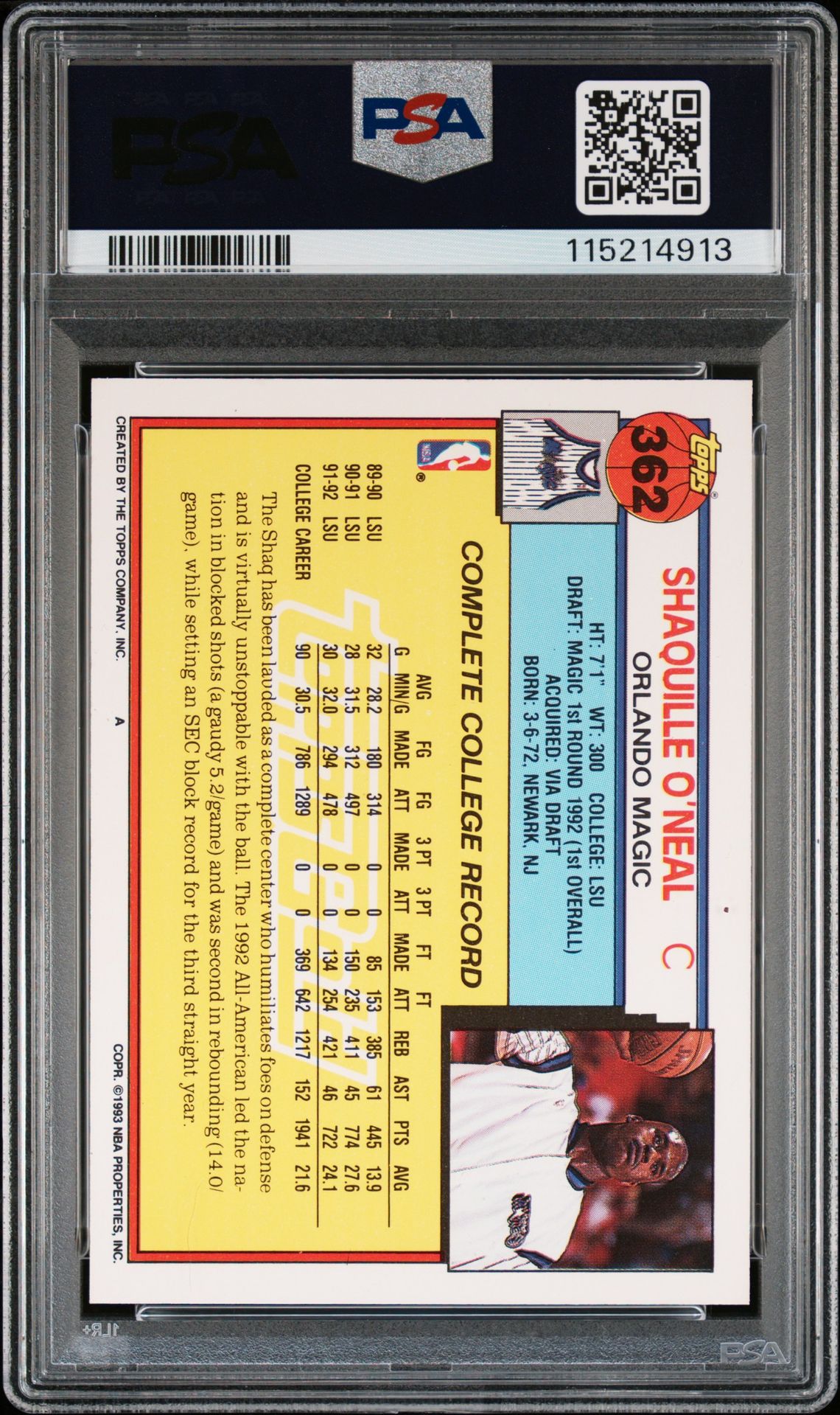 Shaquille O&#39;Neal 1992 Topps Gold Signed Basketball Rookie Card #362 Auto PSA 115214913-Powers Sports Memorabilia