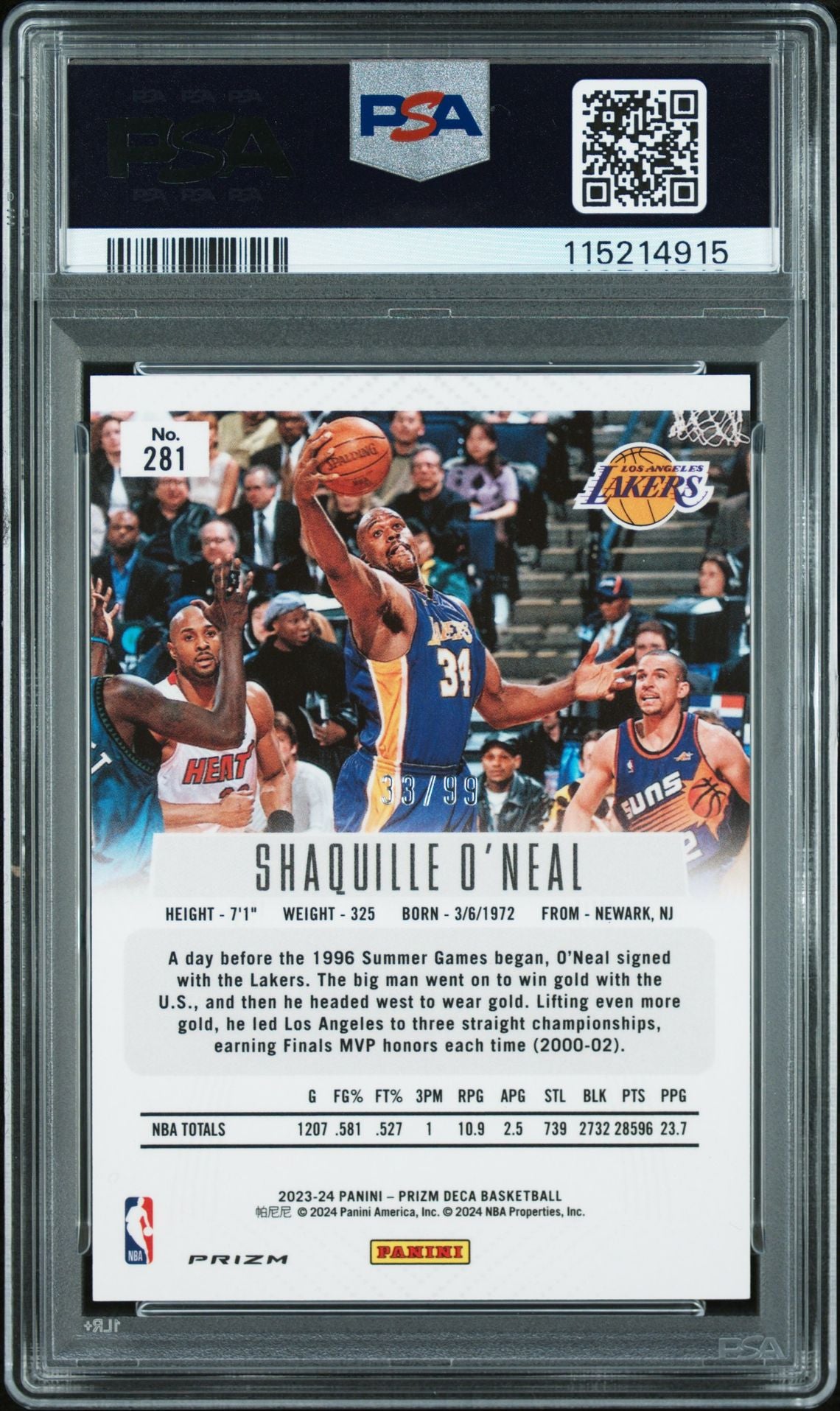 Shaquille O&#39;Neal 2023 Panini Prizm Deca Purple Signed Basketball Card #281 Auto PSA 115214915 33/99-Powers Sports Memorabilia