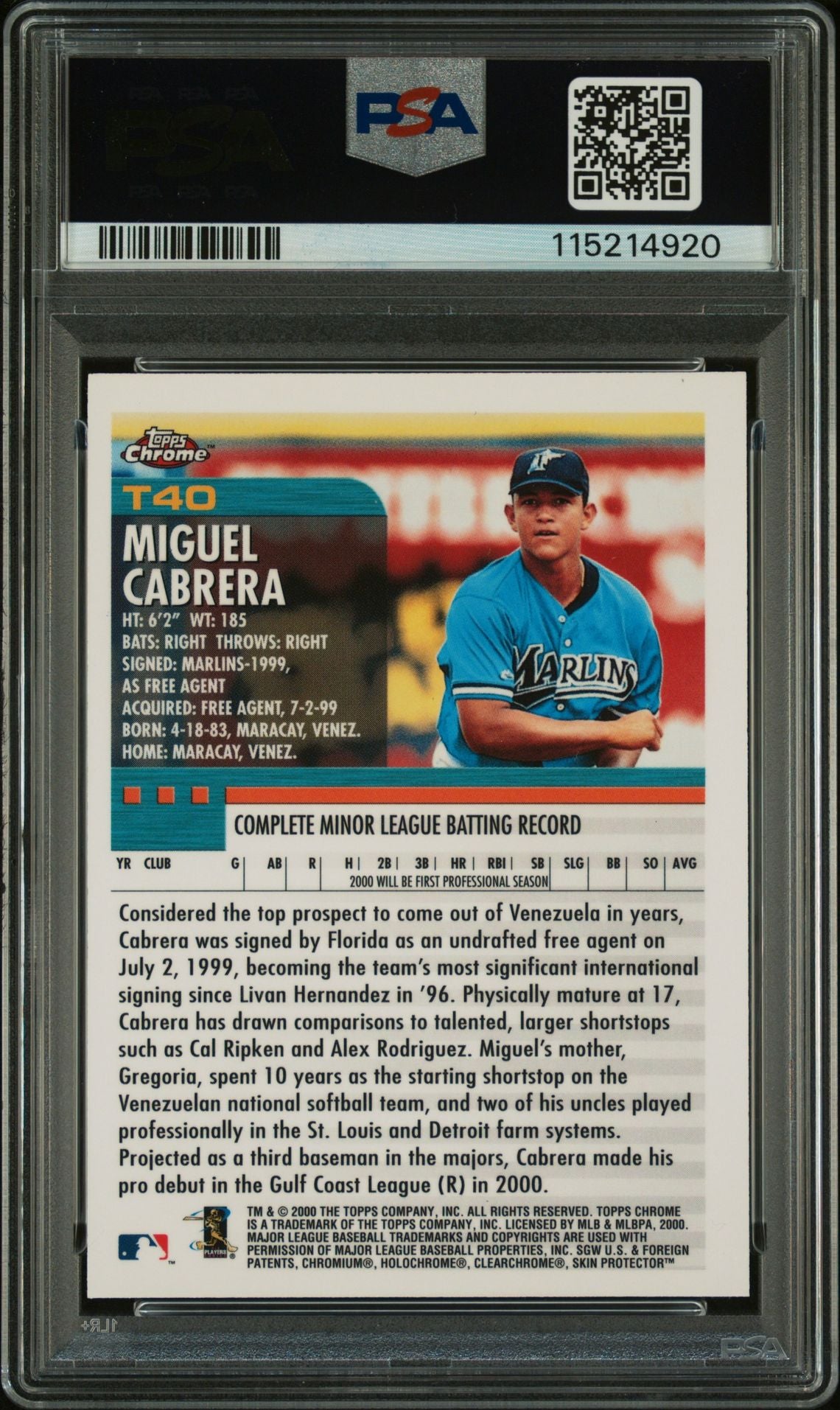 Miguel Cabrera 2000 Topps Chrome Traded Signed Baseball Rookie Card #T40 Auto Graded PSA 10 Cert # 115214920-Powers Sports Memorabilia