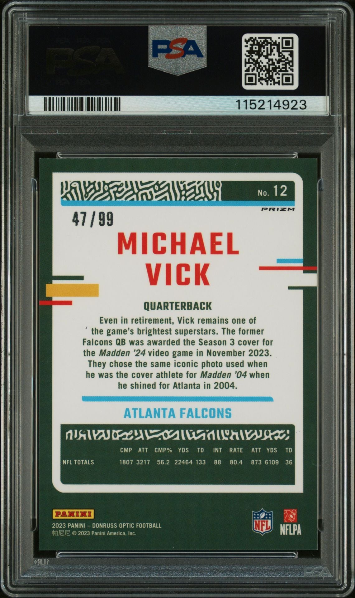 Michael Vick 2023 Panini Donruss Optic Red Signed Football Card #12 Auto Graded PSA 10 47/99 Cert # 115214923-Powers Sports Memorabilia