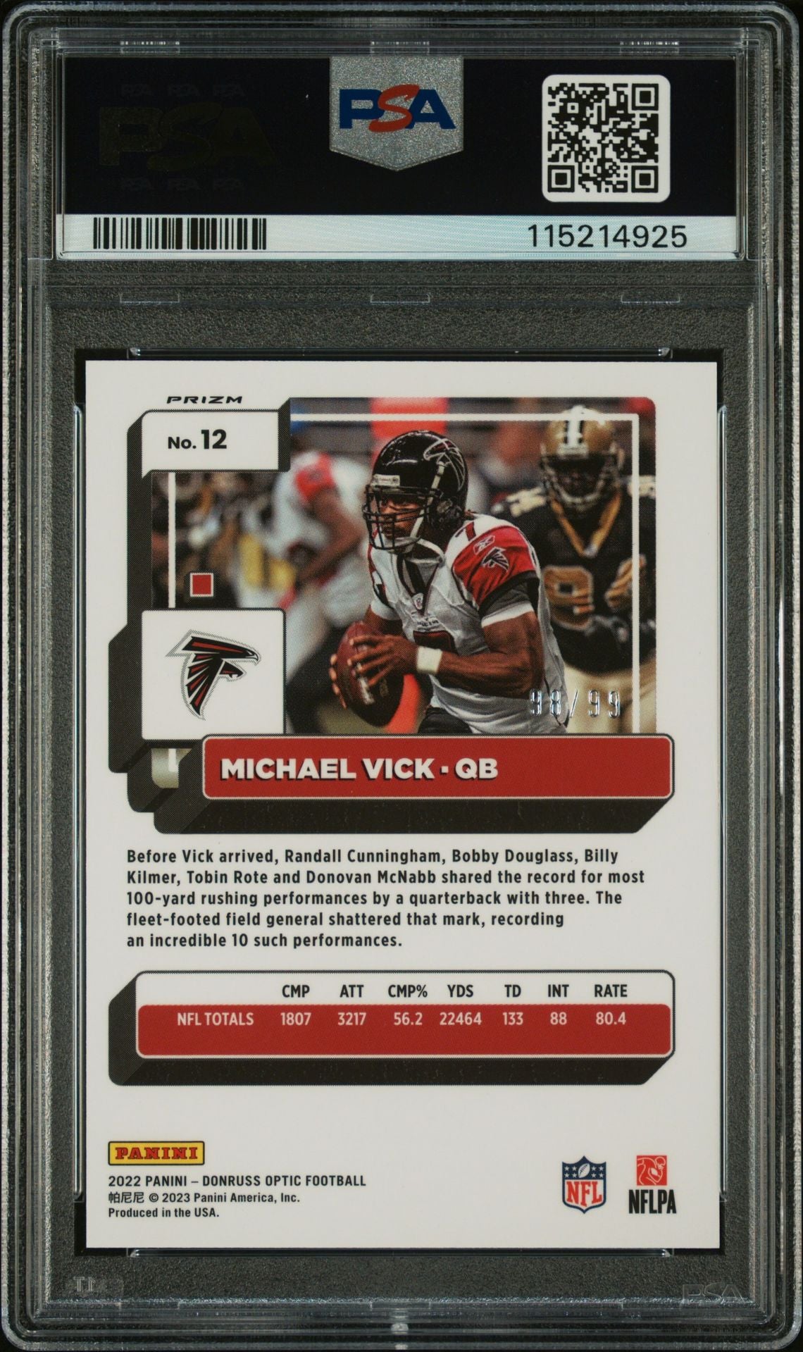 Michael Vick 2022 Panini Donruss Optic Red Signed Football Card #12 Auto Graded PSA 10 98/99 Cert # 115214925-Powers Sports Memorabilia