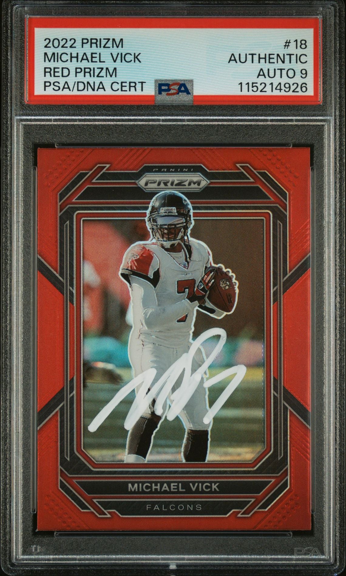 Michael Vick 2022 Panini Prizm Red Signed Football Card #18 Auto Graded PSA 9 Cert # 115214926-Powers Sports Memorabilia