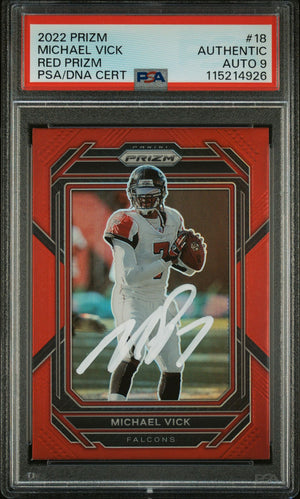 Michael Vick 2022 Panini Prizm Red Signed Football Card #18 Auto Graded PSA 9 Cert # 115214926-Powers Sports Memorabilia