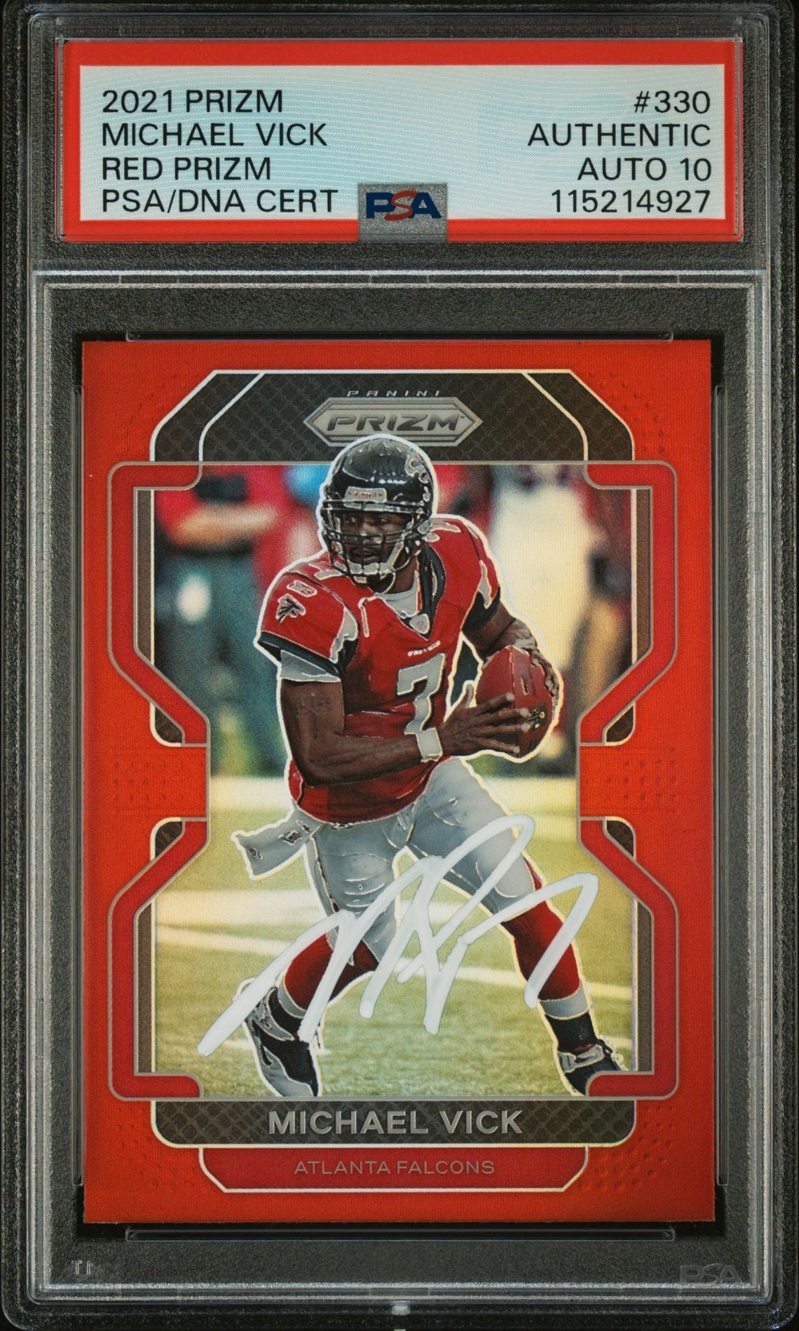 Michael Vick 2021 Panini Prizm Red Signed Football Card #330 Auto Graded PSA 10 Cert # 115214927-Powers Sports Memorabilia