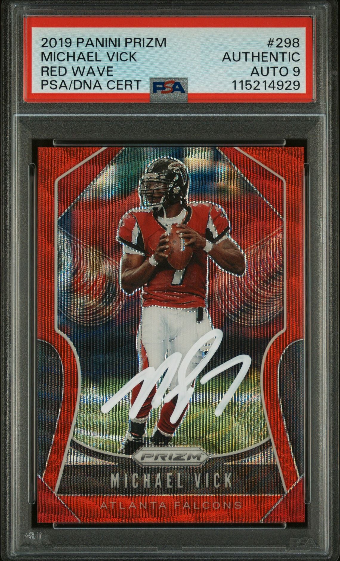 Michael Vick 2019 Panini Prizm Red Wave Signed Football Card #298 Auto Graded PSA 9 67/149 Cert # 115214929-Powers Sports Memorabilia