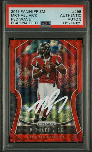Michael Vick 2019 Panini Prizm Red Wave Signed Football Card #298 Auto Graded PSA 9 67/149 Cert # 115214929-Powers Sports Memorabilia
