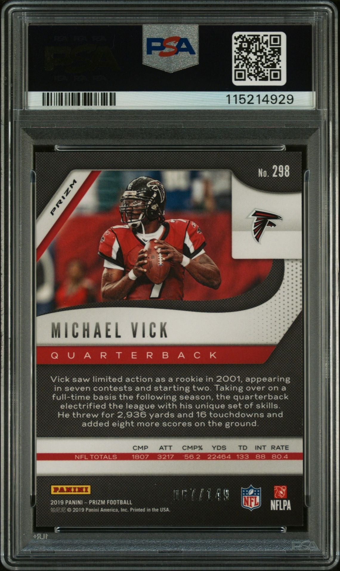 Michael Vick 2019 Panini Prizm Red Wave Signed Football Card #298 Auto Graded PSA 9 67/149 Cert # 115214929
