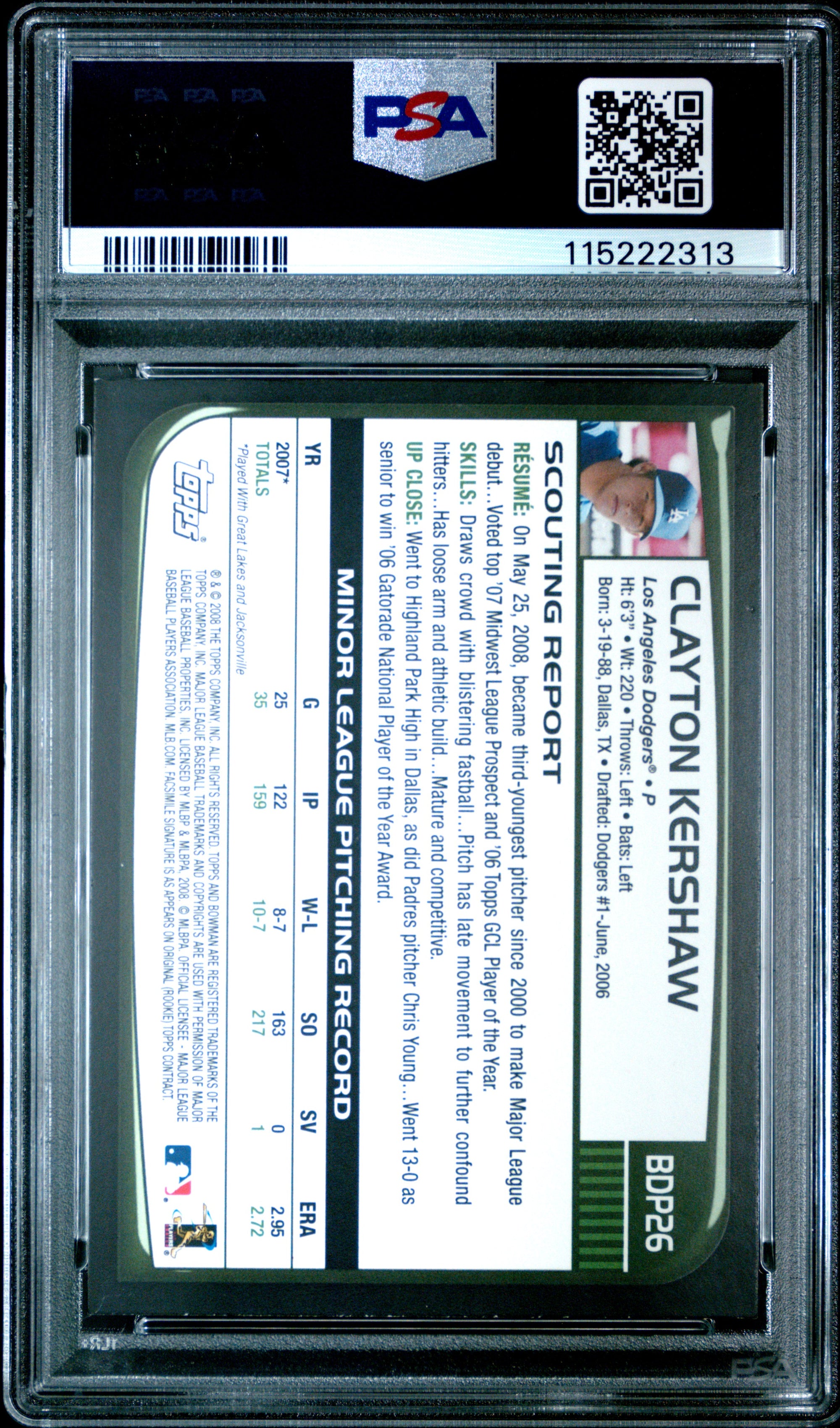 Clayton Kershaw 2008 Bowman Draft Baseball Rookie Card #BDP26 Graded PSA 8 115222313-Powers Sports Memorabilia