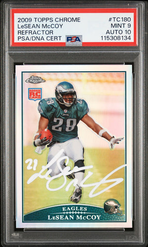 LeSean McCoy 2009 Topps Chrome Refractor Signed Rookie Card #TC180 PSA 9 Auto 10-Powers Sports Memorabilia