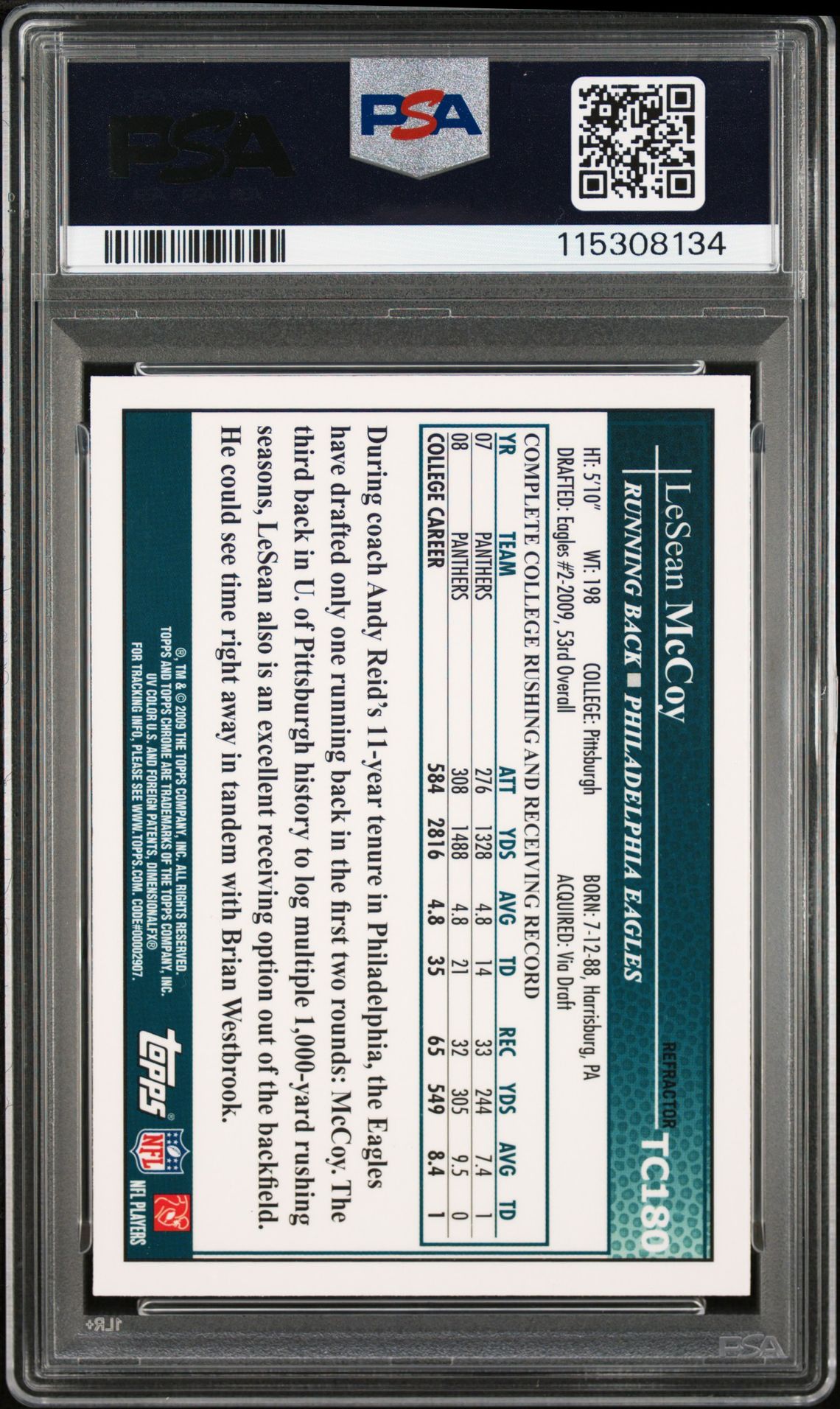 LeSean McCoy 2009 Topps Chrome Refractor Signed Rookie Card #TC180 PSA 9 Auto 10-Powers Sports Memorabilia