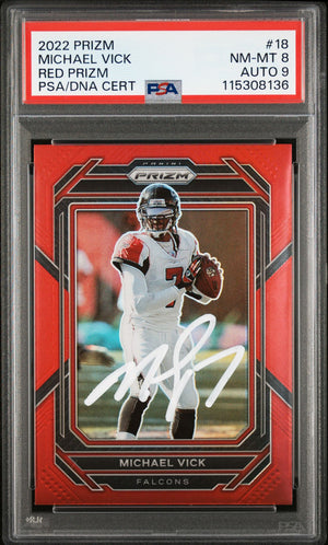Michael Vick 2022 Panini Prizm Red Signed Football Card #18 Graded PSA 8 Auto 9-Powers Sports Memorabilia