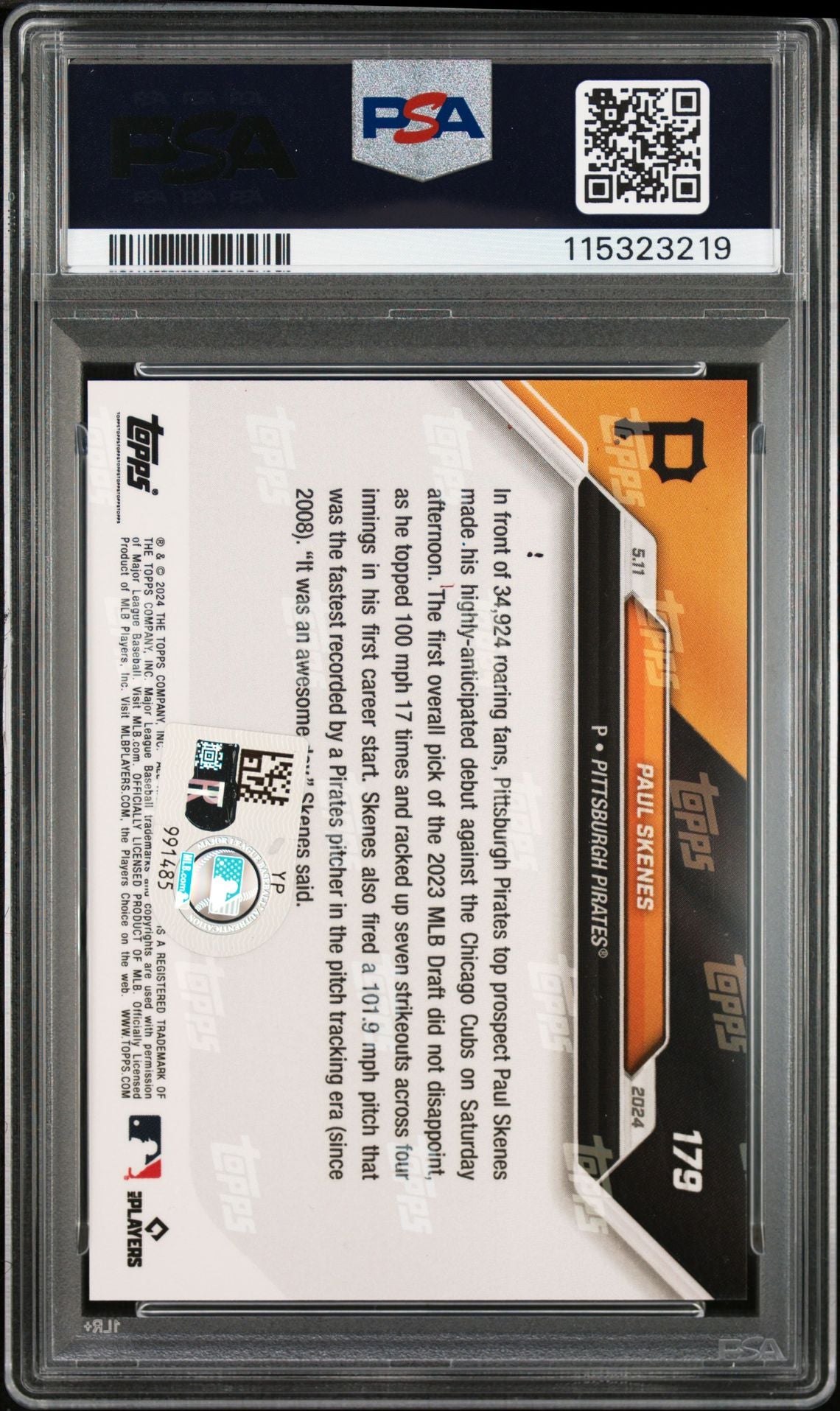 Paul Skenes 2024 Topps Now Signed Rookie Card MLB Debut #179 Auto PSA 115323219-Powers Sports Memorabilia