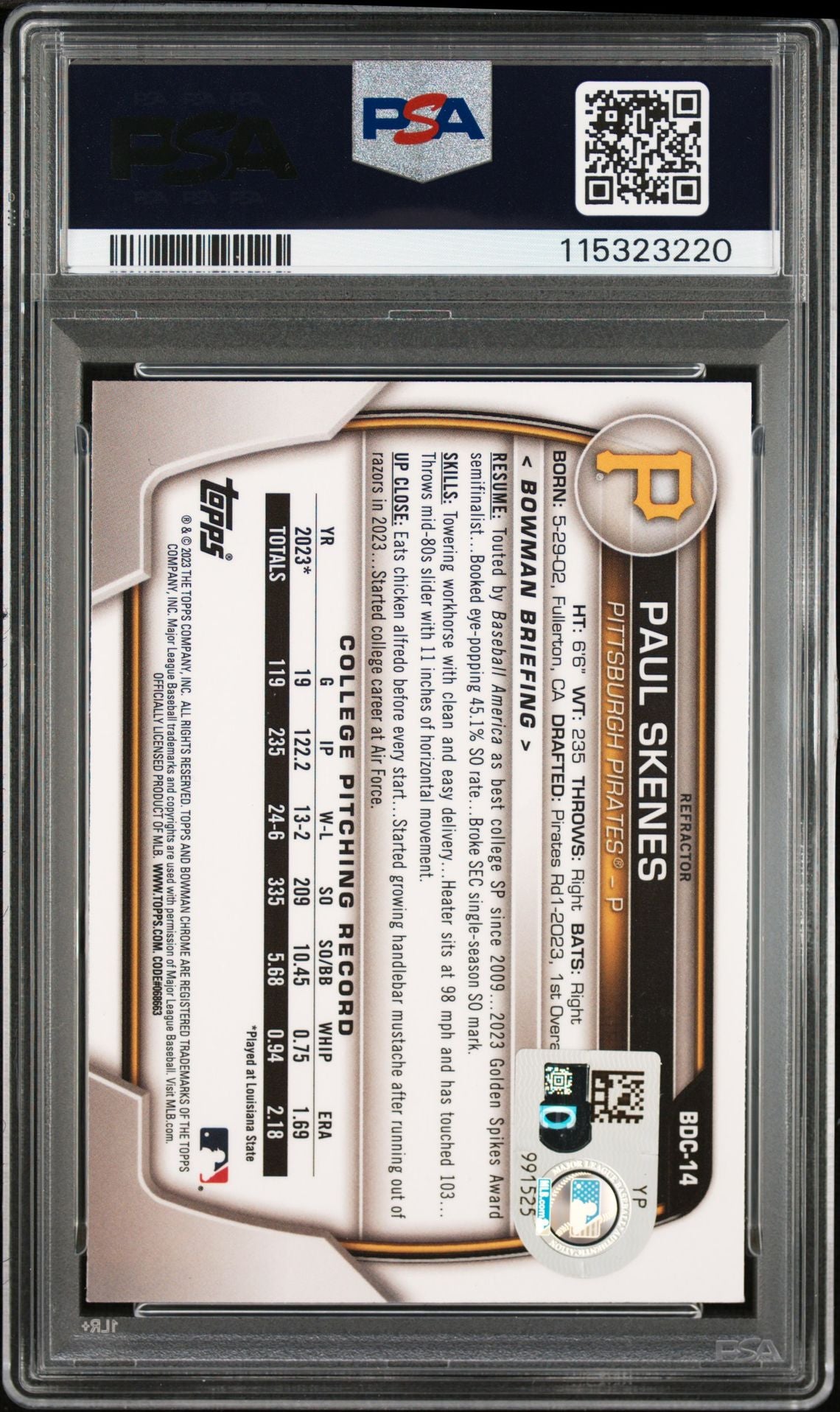 Paul Skenes 2023 Bowman Chrome Refractor Signed Rookie Card #BDC14 Auto PSA 3220-Powers Sports Memorabilia