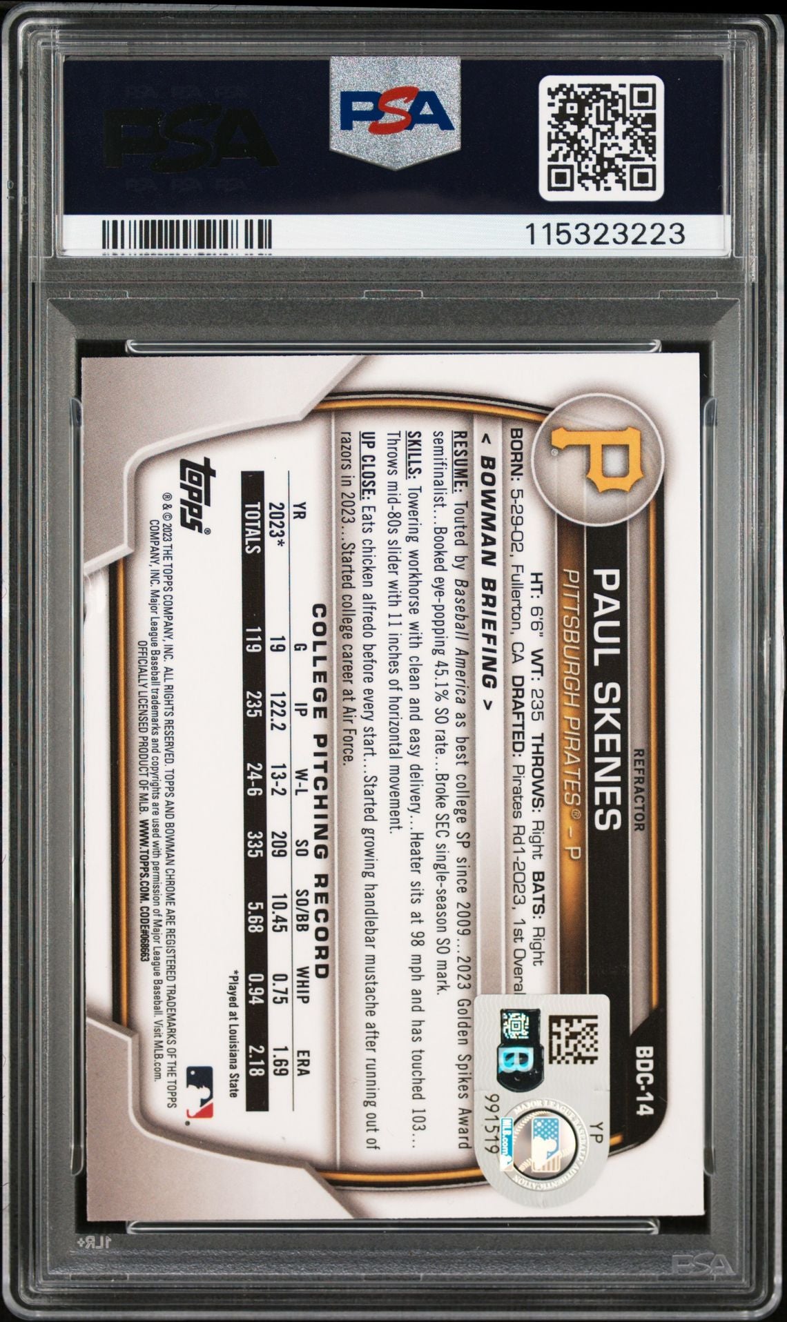 Paul Skenes 2023 Bowman Chrome Refractor Signed Rookie Card #BDC14 Auto PSA 3223-Powers Sports Memorabilia