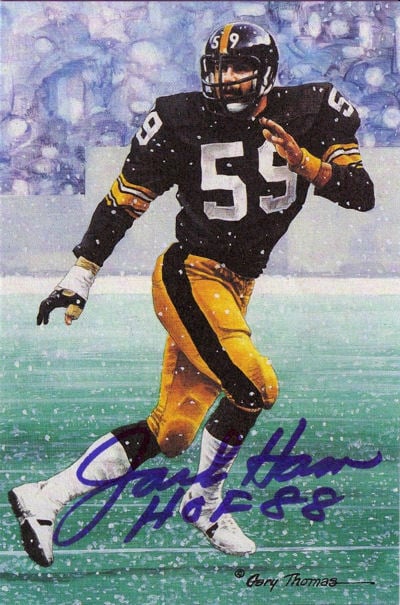 Jack Ham Signed Pittsburgh Steelers Goal Line Art in blue w/HOF 88-Powers Sports Memorabilia