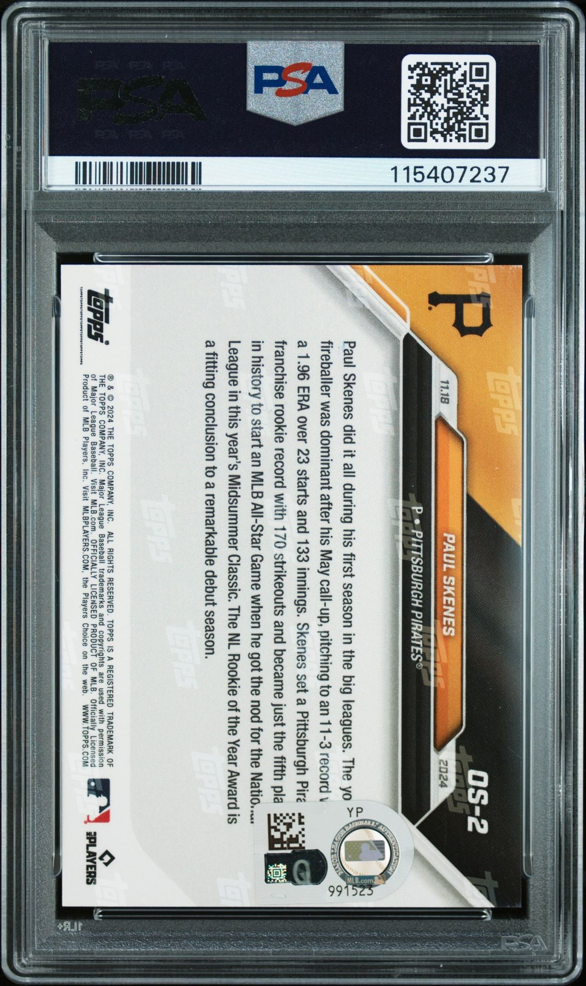 Paul Skenes 2024 Topps Now Signed Baseball Rookie of the Year Card #OS2 Auto Graded PSA 9 115407237
