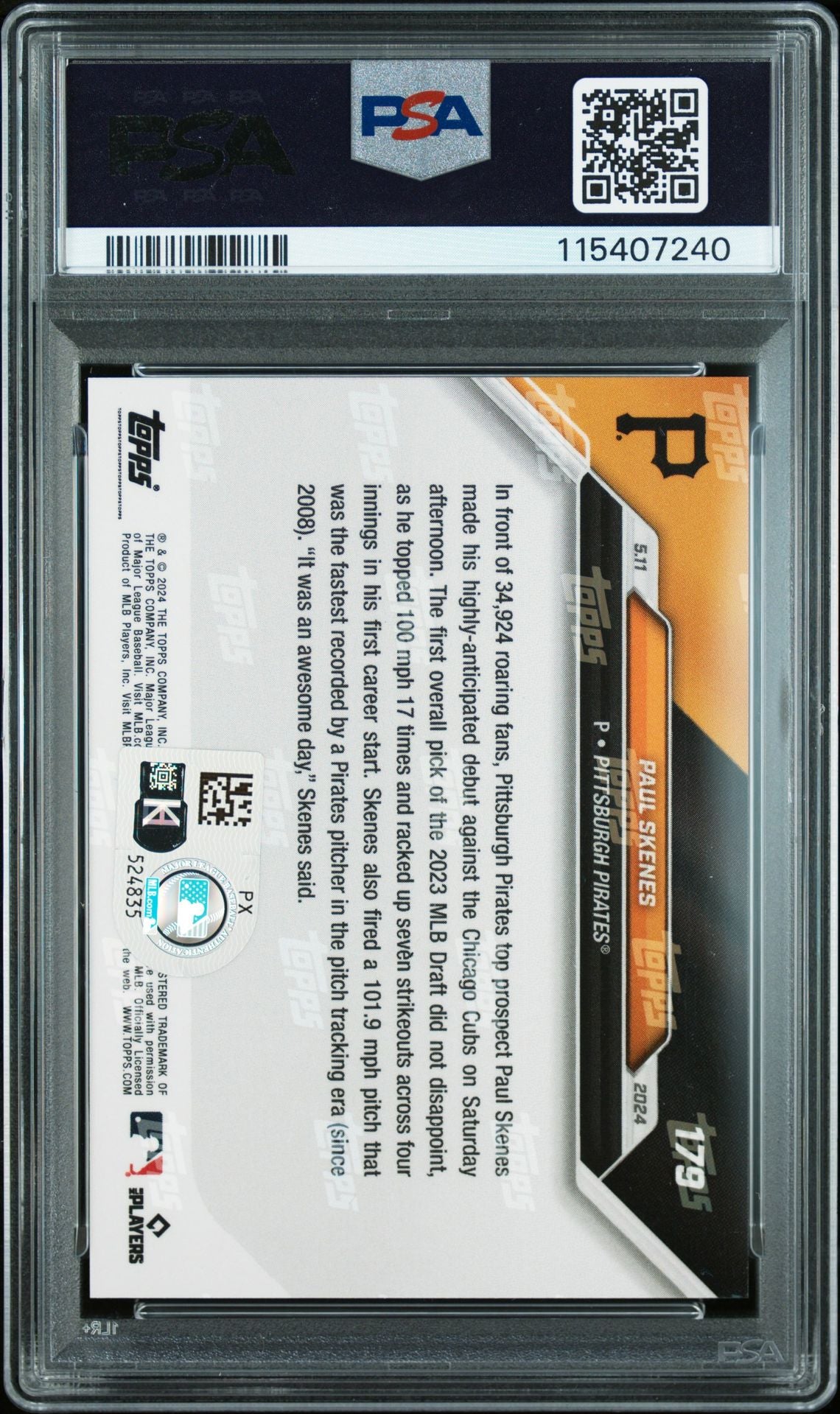 Paul Skenes 2024 Topps Now MLB Debut Signed Baseball Rookie Card #179 Auto Graded PSA 10 115407240