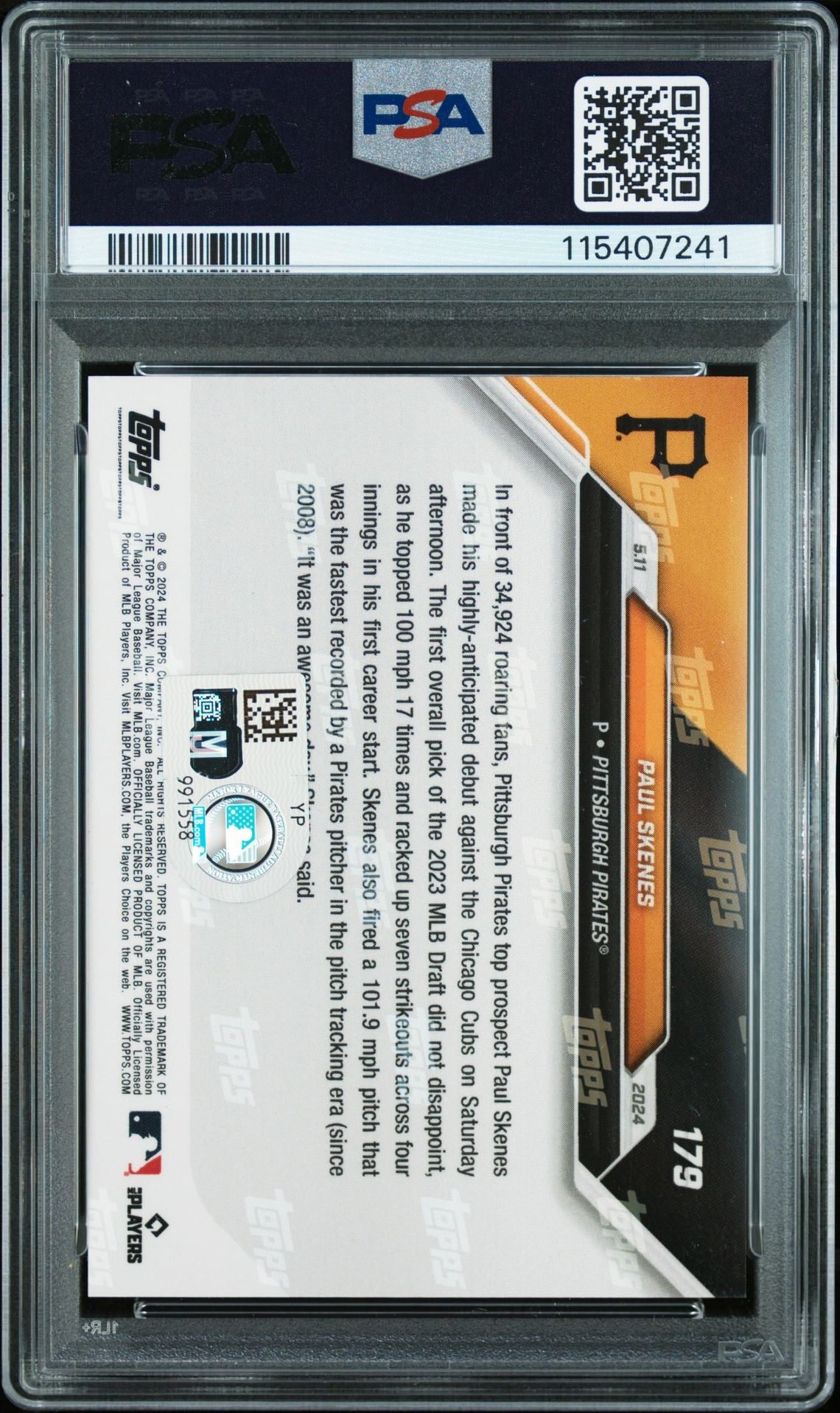 Paul Skenes 2024 Topps Now MLB Debut Signed Baseball Rookie Card #179 Auto Graded PSA 10 115407241