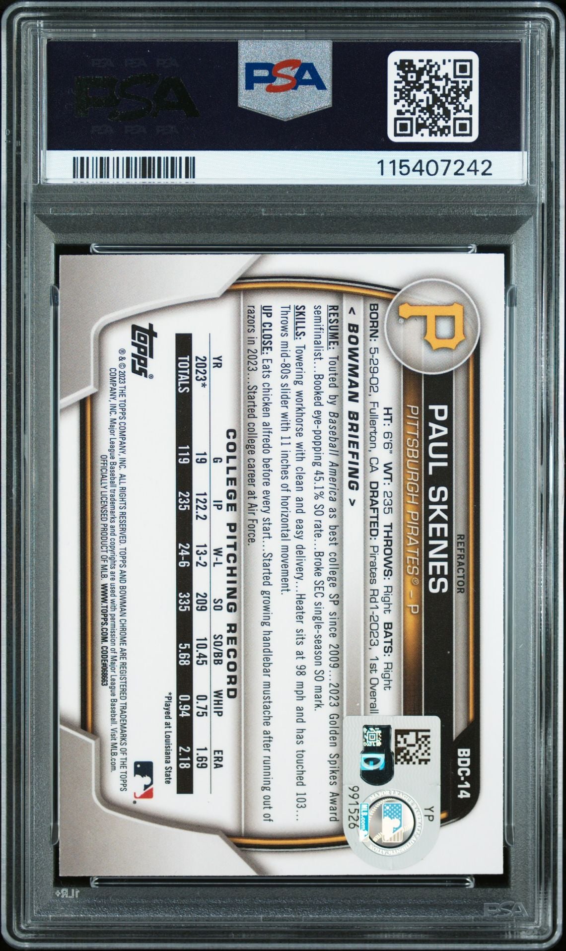 Paul Skenes 2023 Bowman Draft Chrome Refractor Signed Rookie Card #BDC14 Auto Graded PSA 10 115407242