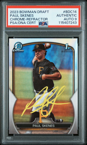 Paul Skenes 2023 Bowman Draft Chrome Refractor Signed Rookie Card #BDC14 Auto Graded PSA 9 115407243-Powers Sports Memorabilia