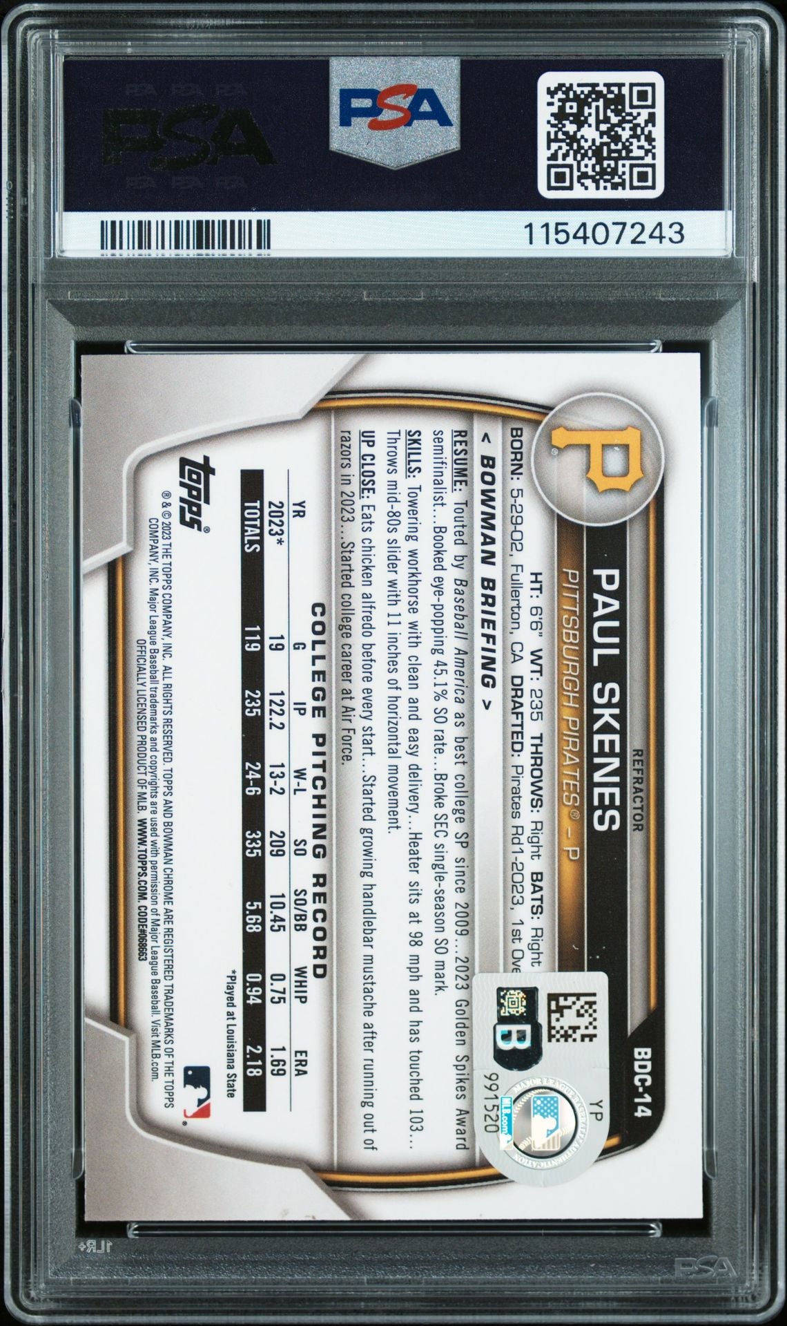 Paul Skenes 2023 Bowman Draft Chrome Refractor Signed Rookie Card #BDC14 Auto Graded PSA 9 115407243