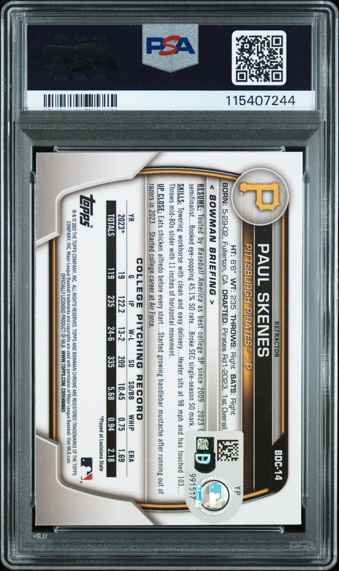 Paul Skenes 2023 Bowman Draft Chrome Refractor Signed Rookie Card #BDC14 Auto Graded PSA 9 115407244