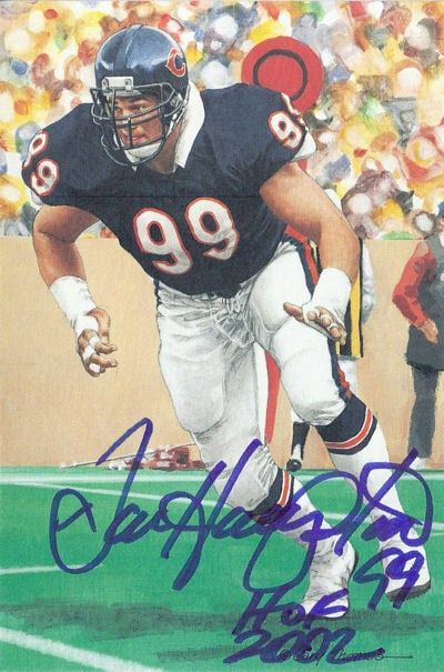 Dan Hampton Signed Chicago Bears Goal Line Art in blue w/HOF 2002-Powers Sports Memorabilia