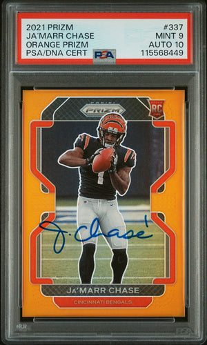 Ja'Marr Chase 2021 Panini Prizm Orange Signed Football Rookie Card #337 Graded PSA 9 Auto 10 52/249 Cert # 115568449-Powers Sports Memorabilia