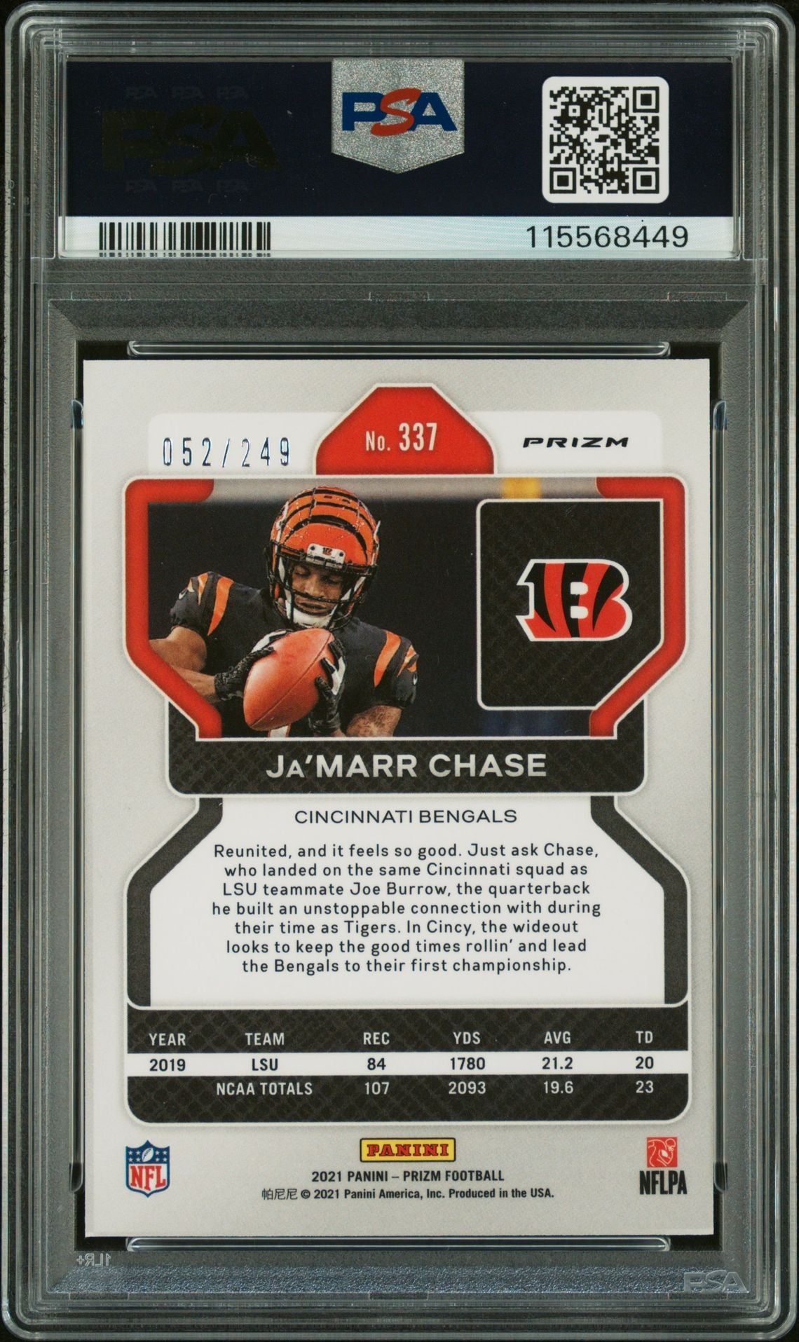 Ja'Marr Chase 2021 Panini Prizm Orange Signed Football Rookie Card #337 Graded PSA 9 Auto 10 52/249 Cert # 115568449