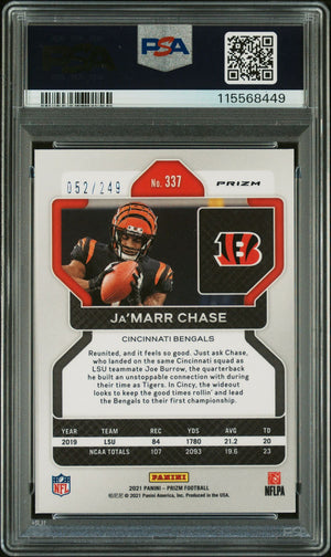 Ja'Marr Chase 2021 Panini Prizm Orange Signed Football Rookie Card #337 Graded PSA 9 Auto 10 52/249 Cert # 115568449-Powers Sports Memorabilia