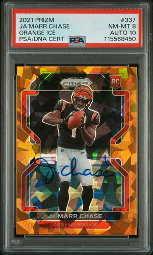 Ja'Marr Chase 2021 Panini Prizm Orange Ice Signed Football Rookie Card #337 Graded PSA 8 Auto 10 Cert # 115568450-Powers Sports Memorabilia