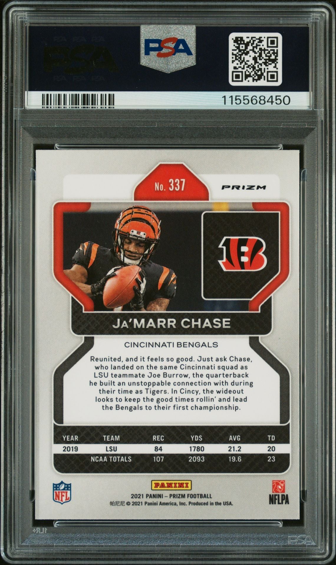 Ja'Marr Chase 2021 Panini Prizm Orange Ice Signed Football Rookie Card #337 Graded PSA 8 Auto 10 Cert # 115568450